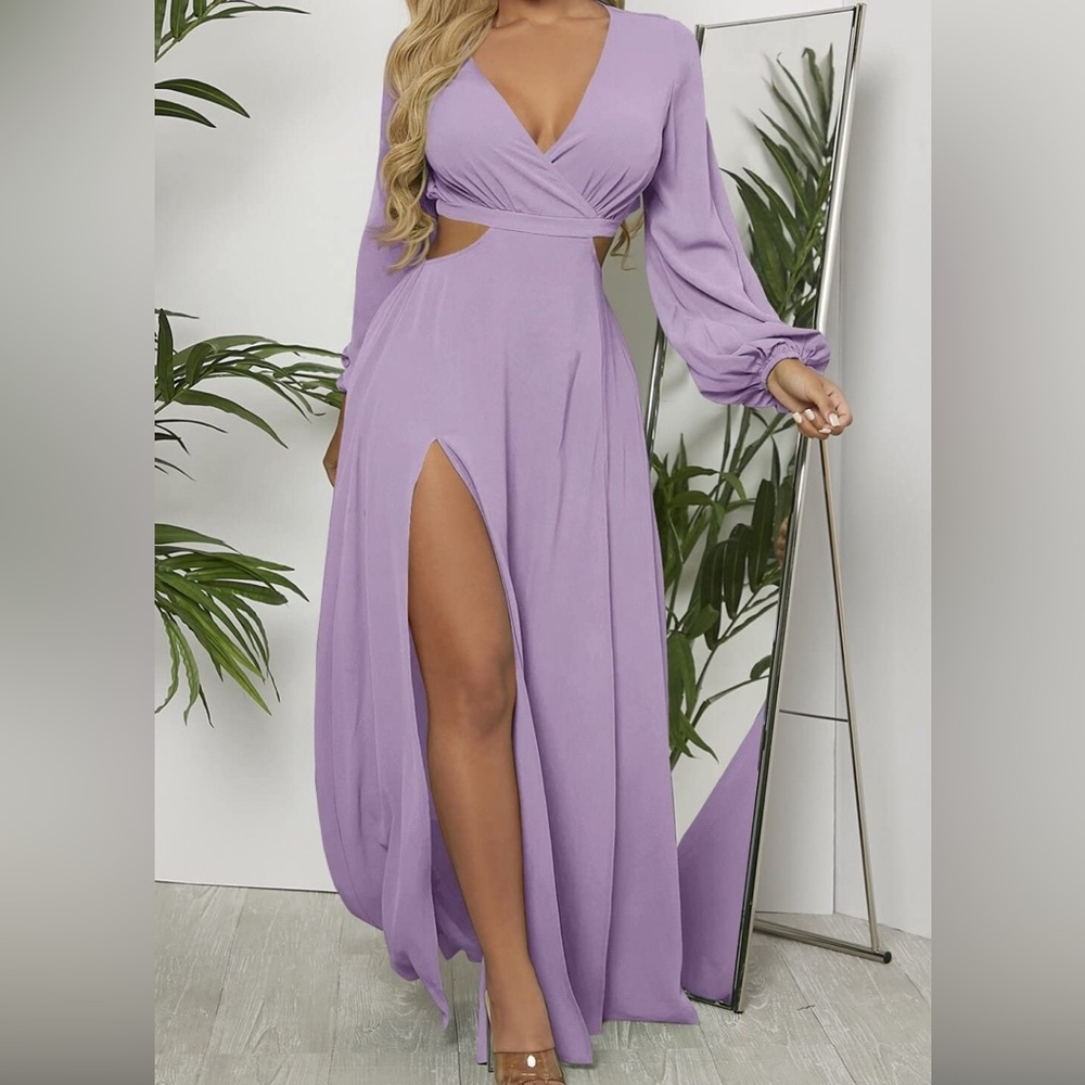 SHEIN Clasi Women's Maxi Dress Lantern Sleeve V-Slit Hollow Out Design
